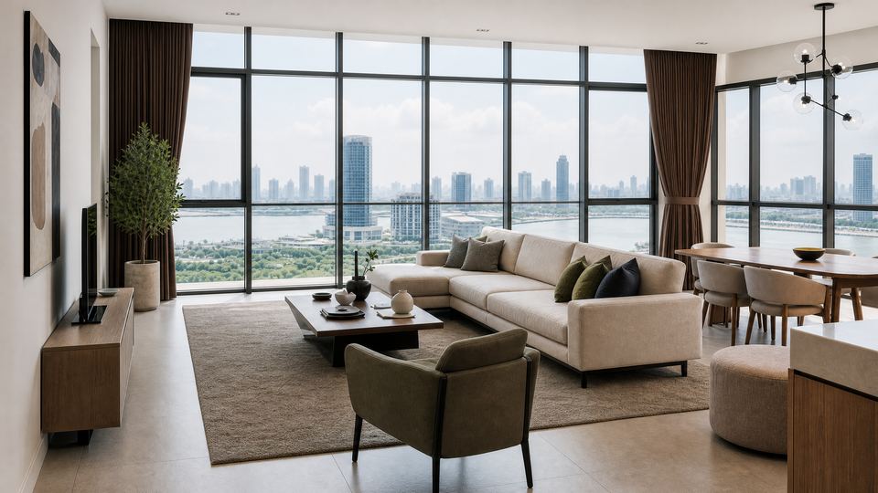 Bright high floor living room with a wide city and green view